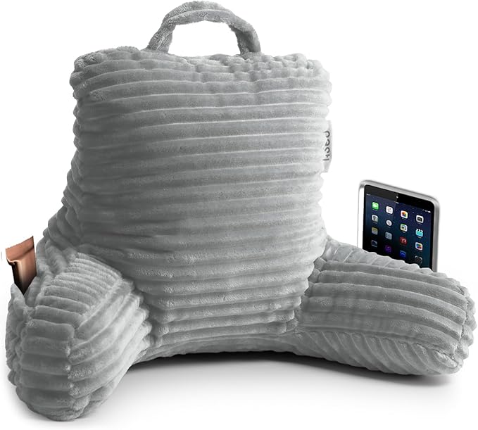 Nestl Reading Pillow for Kids & Teens with Shredded Memory Foam, Luxe Cut Plush Backrest Pillows for Reading and Gaming, For use on Couch, Bed, Floor, Adjustable Support with Washable Cover Light Grey