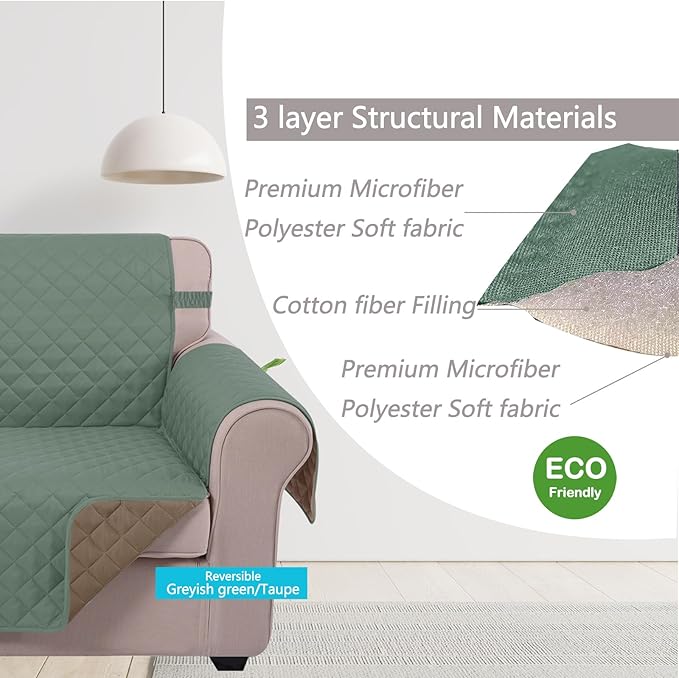U-NICE HOME Recliner Chair Covers Reversible Chair Cover Pet Covers for Dogs with Elastic Straps Water Resistant Diamond Quilted (28''Recliner Oversized, Greyish Green/Taupe)