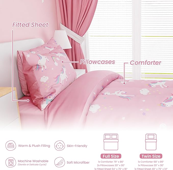 SANDJEST Unicorn Comforter Set Full Size 98x86in for Kids Girls, Microfiber 4 Pcs Bedding Set Includes 1 Comforter, 2 Pillowcases, 1 Fitted Sheet, Nursery Room Decor
