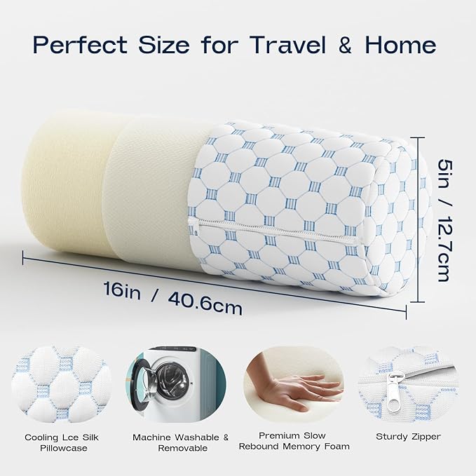 Neck Roll Pillow for Neck Pain Relief - Memory Foam Neck Support Pillow for Bed, Cylinder Pillows, Round Neck Pillow for Sleeping, 15.7 * 5 * 5 inch (Cool-Blue)