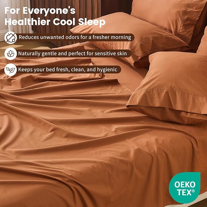 100% Linen Sheet Set Cal King Size Extra Deep Pocket Fits 18-24 Inch Mattress, Breathable & Soft, Smooth 4-Piece Set for Thick Mattresses Hotel Luxury Bedding（Cal King, Brown）