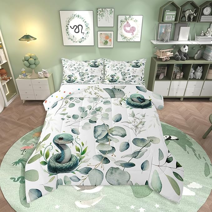 Erosebridal Cute Snake Toddler Bedding Sets for Kids Child Green Eucalyptus Comforter Set, Wild Animal Bedding Comforter Sets Botanical Plant Leaves Duvet Insert, Cartoon Wildlife Down Comforter