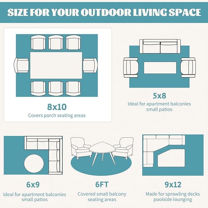 Ileading Large Plastic Outdoor Rug 8x10ft Modern Geometric Style Reversible Patio Area Rugs Waterproof Non Shedding Portable Carpets for Rv Outside Deck Pool Beach Picnic Camping (Teal)