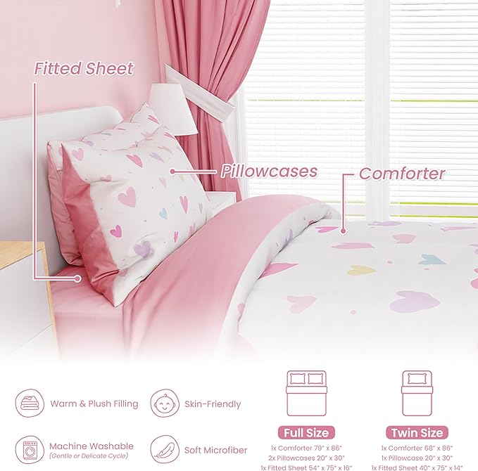 SANDJEST Heart Comforter Set Twin Size 68x86in for Kids Girls, Microfiber 3 Pcs Bedding Set Includes 1 Comforter, 1 Pillowcase, 1 Fitted Sheet, Nursery Room Decor