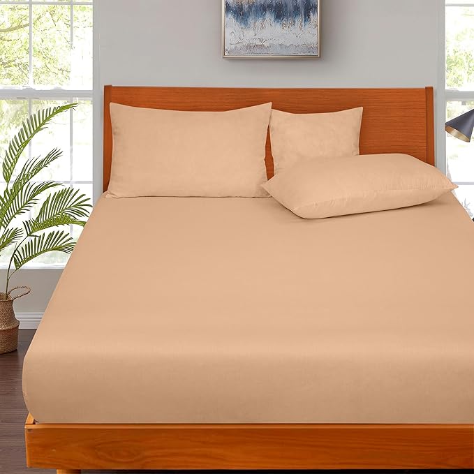 ROYALE LINENS 300 Thread Count 100% Long Staple Combed Cotton Fitted Sheet Twin - Super Soft Deep Pocket Bottom Sheet - Fitted Sheets Only - Elastic Sheets (Twin, Sand)