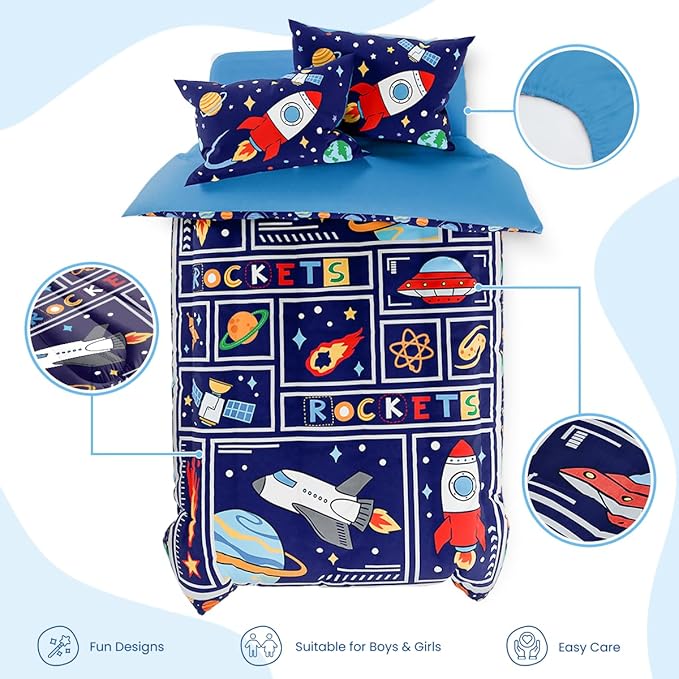 SANDJEST Space Bedding Twin for Boys, Ultra Soft Microfiber Comforter Bed Set with 3-Pieces, Rocket Comforters Sets for Kids Children Teen Tween Bedroom Decor