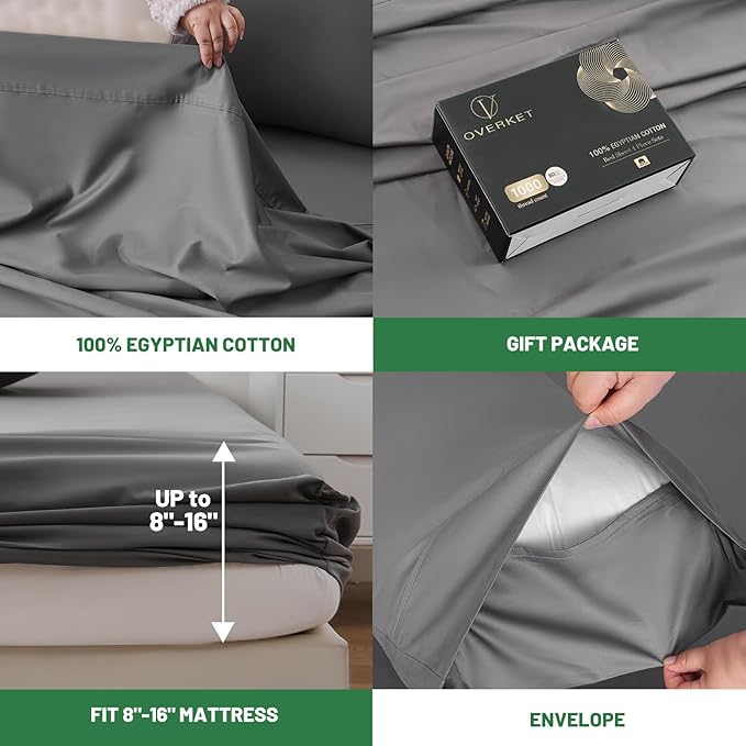 100% Egyptian Cotton Sheets Cal King Sheet Set 1000 Thread Count Sateen Weave Soft Breathable 16-Inch Deep Pocket 4PCS（California King,Dark Grey）