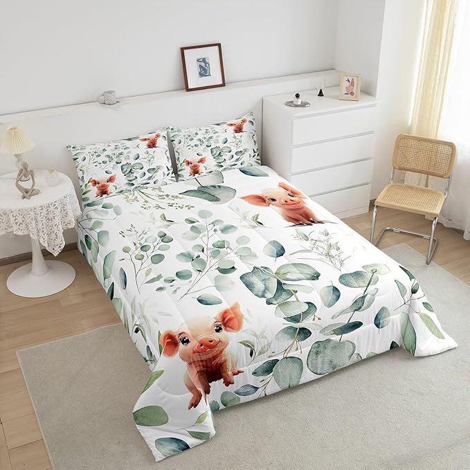 Erosebridal Kawaii Pig Twin Size Comforter Set for Boys Girls Cartoon Animal Bedding Set, Eucalyptus Leaves Down Comforter Farm Wildlife Bed Set, Tropical Botanical Plants Quilted Duvet