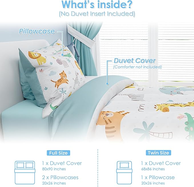 SANDJEST Animal Duvet Cover Sets Full Size for Kids Boys Girls, Include 1 Polyester Comforter Cover 80x90 Inches and 2 Pillowcases 20x26 Inches, Comforter Not Included, Gift for Christmas Birthday