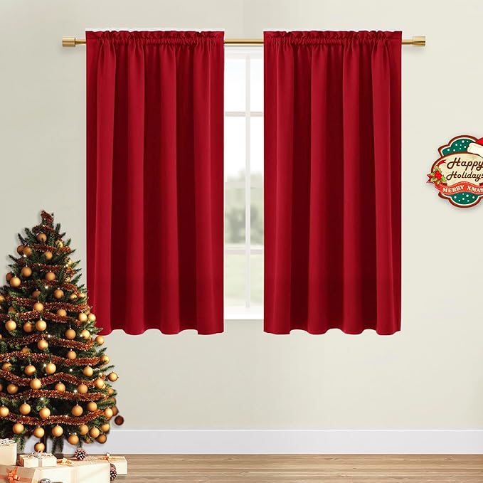 DWCN Christmas Blackout Curtains Room Darkening Thermal Insulated Bedroom Curtains Window Curtain Panels, 52 x 45 inches Long, Set of 2 Red Rod Pocket Drapes