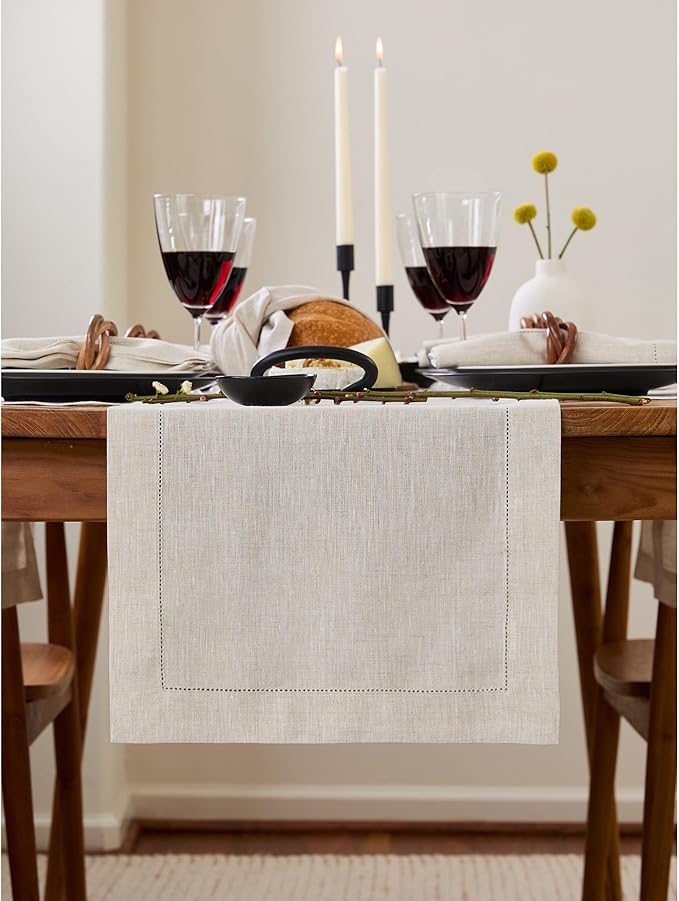 Solino Home Linen Light Natural Table Runner 36 Inches - Classic Hemstitch, 100% Pure Linen Coffee Table Runner 14 x 36 Inch Ideal for Dresser Tables - Christmas, New Year