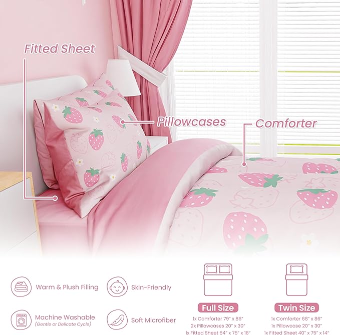 SANDJEST Strawberry Comforter Set Twin Size 68x86in for Kids Girls, Microfiber 3 Pcs Bedding Set Includes 1 Comforter, 1 Pillowcase, 1 Fitted Sheet, Nursery Room Decor