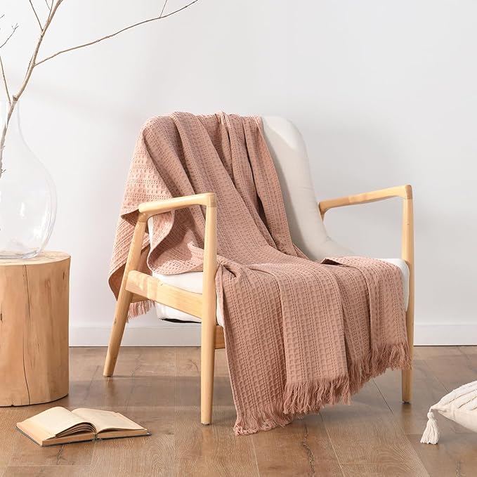 100% Cotton Waffle Blanket with Fringe, Pre-Washed Waffle Weave Blanket for All Season, Lightweight Breathable Soft Cozy Throw Blanket for Couch, Bed, Travel (Dusty Pink - 50x60 Inches)