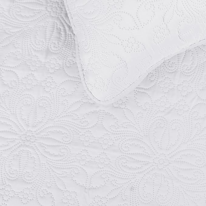 Easy-Going Twin Size Reversible Quilt Set with 1 Quilt and 1 Pillow Sham, Soft Bed Quilt Cover, Water Resistant Lightweight Microfiber Bedspread, Stain Resistant, Damask-White/White