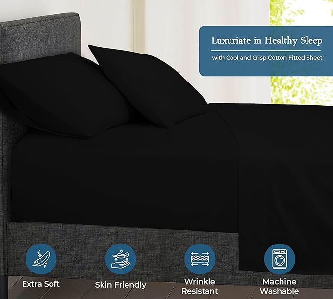 Royale Linens 400 Thread Count 100% American Grown Cotton Fitted Sheet Queen Size - All Around Elastic Fitted Sheet - Luxury Sateen Weave - Snug Fit Bottom Sheets Fit Up to 16" (Queen,Night Black)