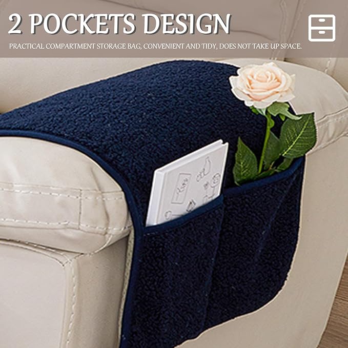 Armrest Cover, Recliner Chair Protector, Furniture Protector Slip, Side Storage Pocket, Stretch Armchair Couch Arm Rest Cover for Recliner, Chair, Sofa (Navy Blue,2 Seater(4pcs))