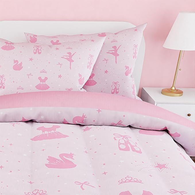 SANDJEST Ballerina Comforter Set Full Size 98x86in for Kids Girls, Microfiber 4 Pcs Bedding Set Includes 1 Comforter, 2 Pillowcases, 1 Fitted Sheet, Nursery Room Decor
