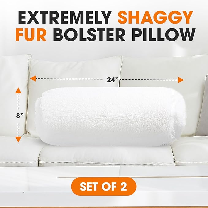 Cheer Collection Bolster Pillow. Set of 2 Shaggy Bolster Pillows, Decorative Cylinder Pillows for Bed & Couch, Round Neck Roll Pillow, Plush Tube Pillow for Lumbar, Head, Spine Support, White