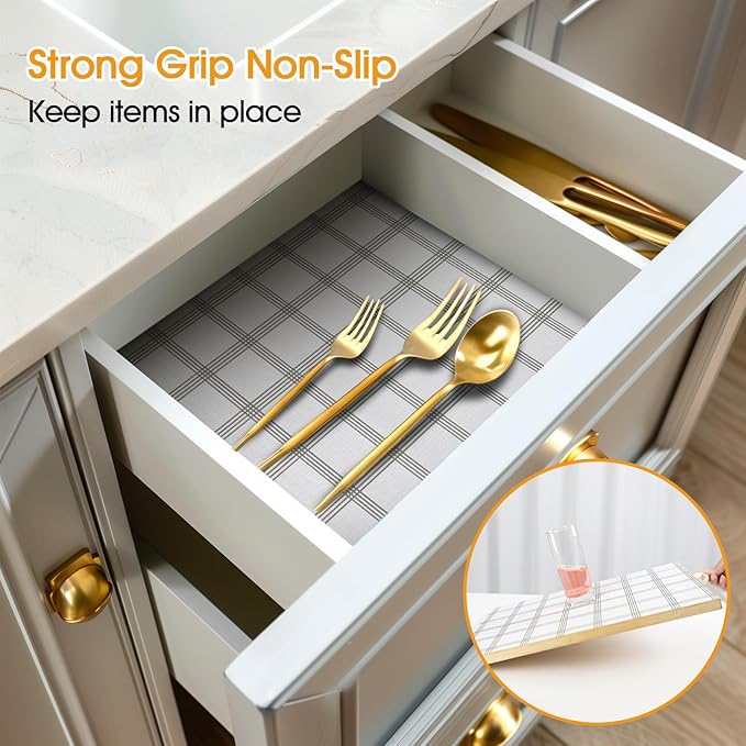 Shelf and Drawer Liner for Kitchen Cabinets Non-Adhesive, Strong Grip Non-Slip Thickened Cabinet Liners for Shelves, Waterproof Mats for Dresser Cupboard, White Square, 23 in x 20 Feet