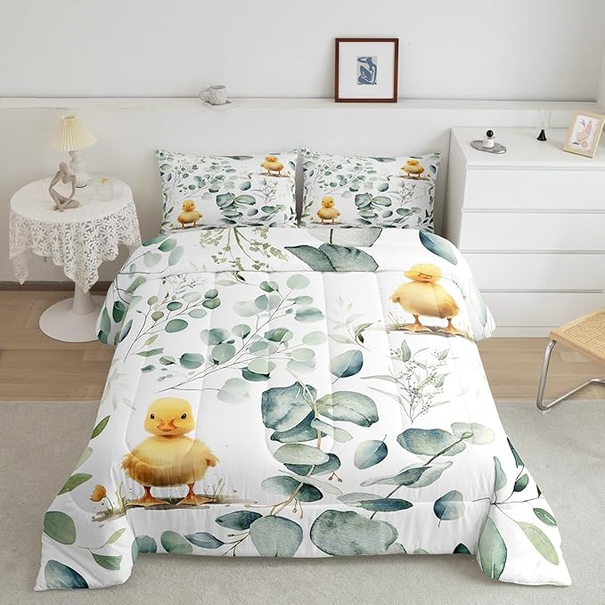 Erosebridal Kids Cute Animal Twin Bedding Sets for Girls Boys Cartoon Duck Comforter Set, Spring Eucalyptus Bedding Comforter Sets Watercolor Leaves Duvet Insert, Kawaii Farm Animal Down Comforter