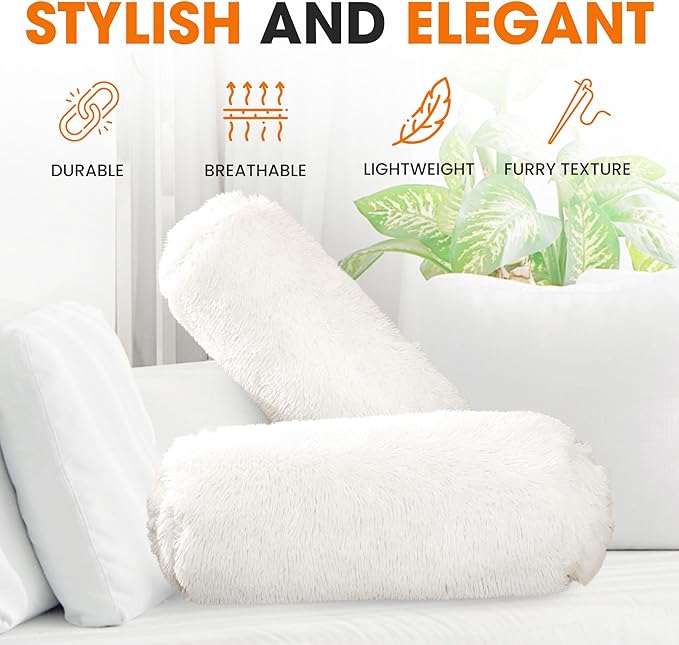 Cheer Collection Bolster Pillow. Set of 2 Shaggy Bolster Pillows, Decorative Cylinder Pillows for Bed & Couch, Round Neck Roll Pillow, Plush Tube Pillow for Lumbar, Head, Spine Support, White