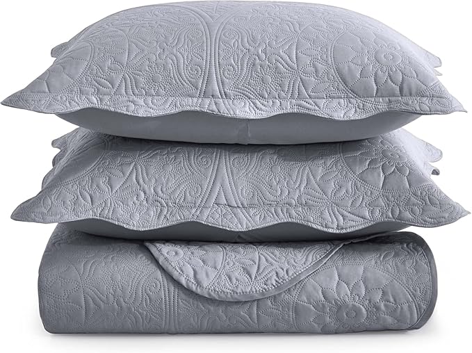 IR Imperial Rooms King Quilt Bedding Set Size (106" x 96") + 2 Pillow Shams (20" x 36"+ 2") - 3 Pcs All Season Lightweight Reversible Microfiber Coverlet Floral Embossed Quilt Bedspread (Silver)