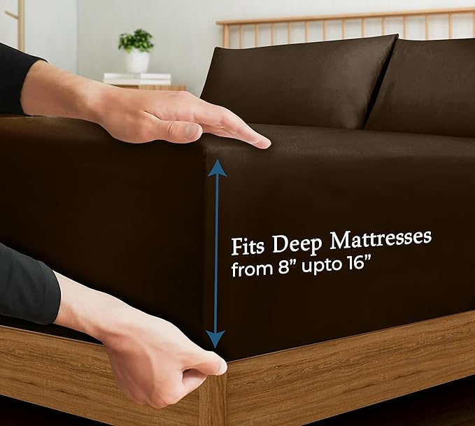 Royale Linens 400 Thread Count 100% American Grown Cotton Fitted Sheet Full Size - All Around Elastic Fitted Sheets - Luxury Sateen Weave - Snug Fit Bottom Sheet Fit Up to 16 Inch (Full, Hazel Nut)