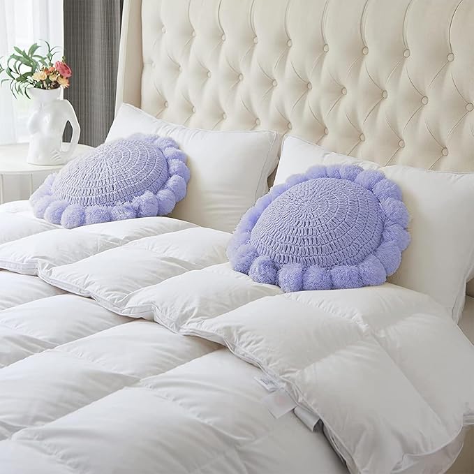 Boho Round Throw Pillow with Cute Handmade Pom Poms Tassels 18 Inch, Decorative Circular Knitted Crochet Cushion for Couch, Sofa, Chair, Bed, Purple