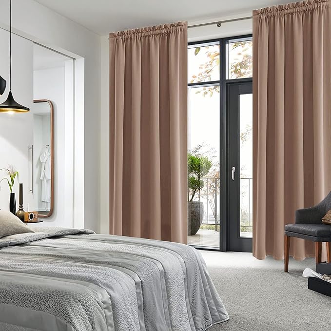 DWCN Blackout Curtains for Living Room Thermal Insulated, Energy Saving & Noise Reducing Bedroom Curtains, Khaki, W 70x L 84 Inch, Set of 2 Rod Pocket Curtain Panels