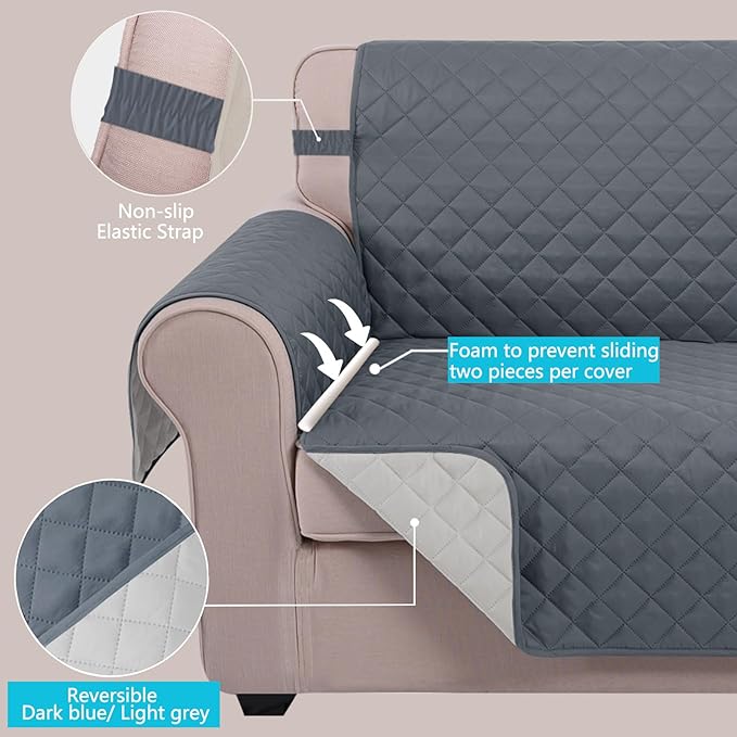 U-NICE HOME Recliner Chair Covers Reversible Chair Cover Pet Covers for Dogs with Elastic Straps Water Resistant Diamond Quilted (28''Recliner Oversized, Dark Blue/Light Grey)