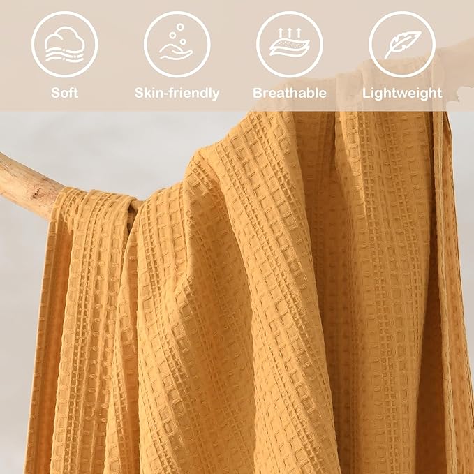 100% Cotton Waffle Blanket with Fringe, Pre-Washed Waffle Weave Blanket for All Season, Lightweight Breathable Soft Cozy Throw Blanket for Couch, Bed, Travel (Mustand Yellow - 50x60 Inches)