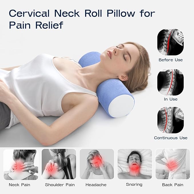 Neck Roll Cervical Pillow for Neck Pain Relief - Memory Foam Neck Pillow for Bed, Round Neck Pillows for Sleeping, 15.7 * 6 * 6inch (Blue-White)