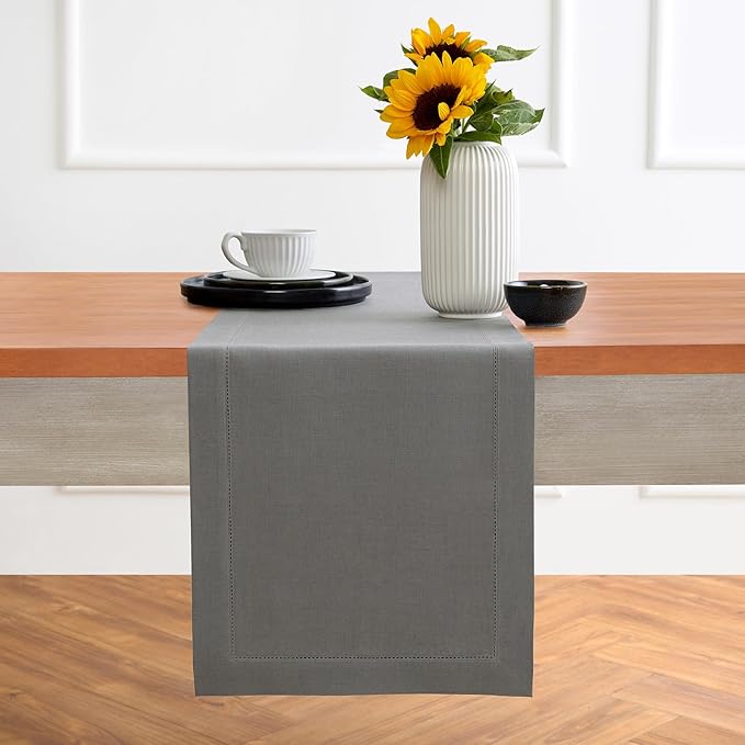 Solino Home Linen Steel Gray Hemstitch Table Runner 48 Inches - 100% Pure Linen Small Table Runner 14 x 48 Inch Ideal for Dresser and Coffee Tables - Classic Hemstitch