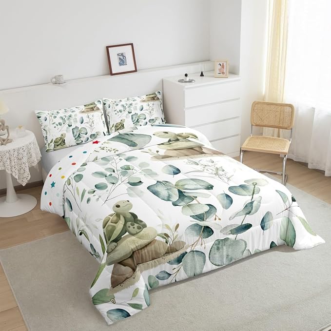 Erosebridal Kawaii Turtle Bedding King Size for Boys Girls Cartoon Animal Comforter Set King, Eucalyptus Leaves Duvet Insert Marine Wildlife Quilt Set, Tropical Plants Bedding Comforters & Sets