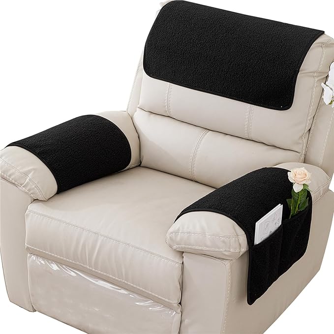 Armrest Cover, Recliner Chair Protector, Furniture Protector Slip, Side Storage Pocket, Stretch Armchair Couch Arm Rest Cover for Recliner, Chair, Sofa (Black,2 Seater(4pcs))
