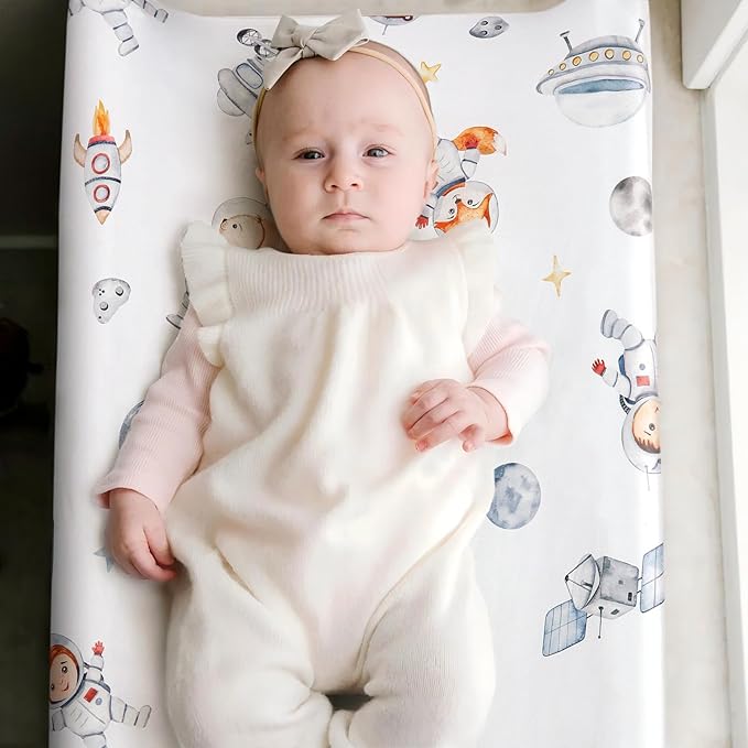 GRSSDER Stretch Ultra Soft Jersey Knit Changing Pad Cover Set 2 Pack, Change Table Pad Covers Fit 32"/34" x 16" Pads Safe and Snug, Space Print for Boys and Girls