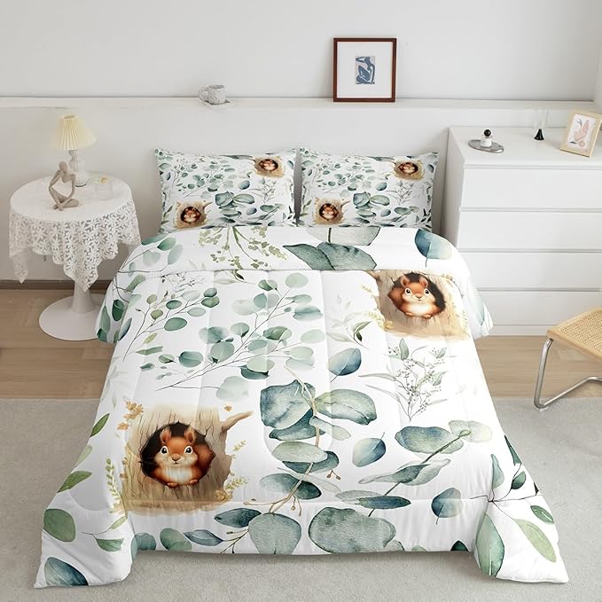 Erosebridal Kawaii Squirrel Queen Bedding Sets for Boys Girls Cartoon Animal Comforter Set, Eucalyptus Leaves Down Comforter Jungle Wildlife Bedding Comforter Sets, Tropical Plants Duvet Insert
