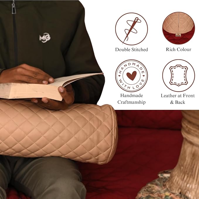 Neck Roll Pillow Cushion Cover, 18x7 Inch Full Moon Round Bolster Pillow Case, Cylinder Soft Lambskin Leather Pillowcase for Head, Spine & Neck Support During Sleep - Quilted Beige Pack of 2