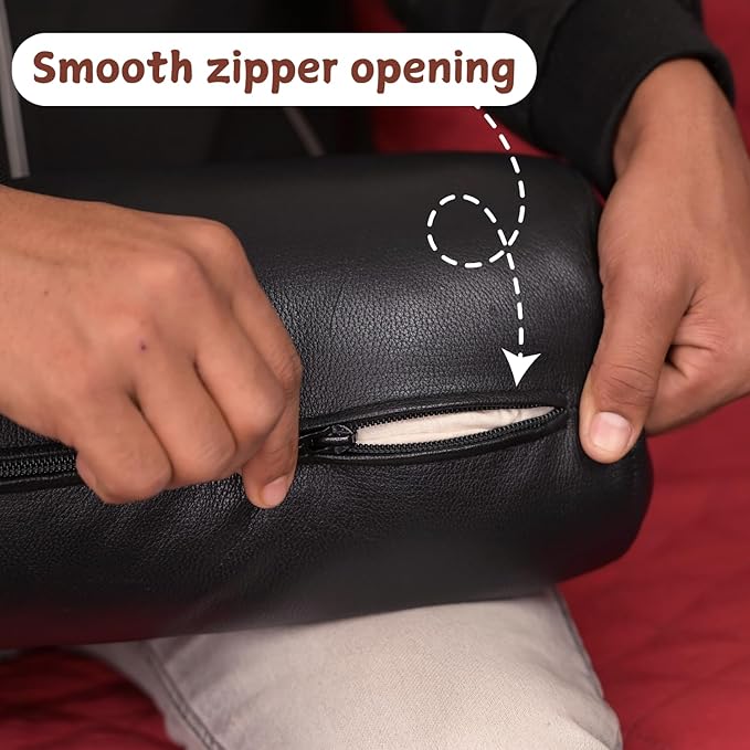 Neck Roll Pillow Cushion Cover, 18x5 Inch Full Moon Round Bolster Pillow Case, Cylinder Soft Lambskin Leather Pillowcase for Head, Spine & Neck Support During Sleep - Black Pack of 2