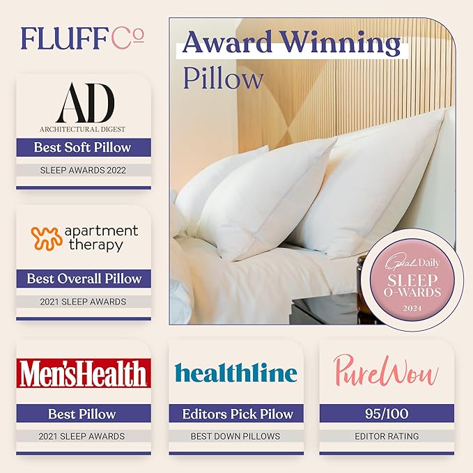 FluffCo Zen Fluff™ Down Standard/Queen Pillow with 600 Fill Power White Duck Down Stomach Sleeper Pillows - Luxury Hotel Quality 300 Thread Count - 100% Cotton Feather Pillows (Queen Size 1 Pack)