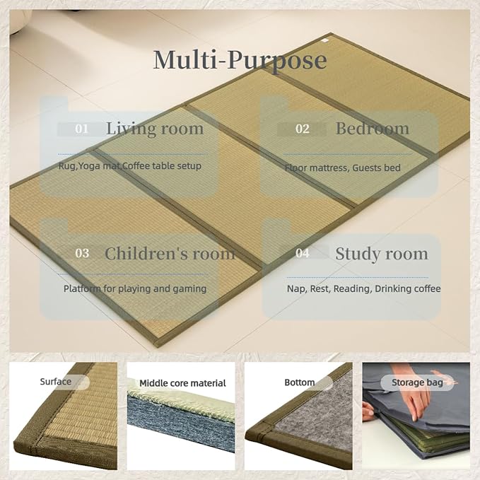 MustMat Tatami Mat Rush Grass Tatami Mattress Japanese Traditional Foldable (twin-39"x78")