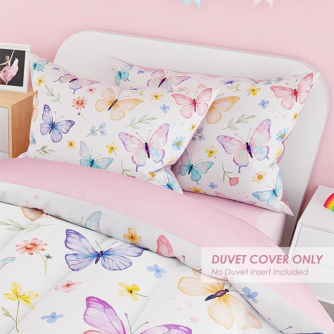 SANDJEST Butterfly Duvet Cover Sets Twin Size for Kids Girls, Include 1 Polyester Comforter Cover 68x86 Inches and 1 Pillowcase 20x26 Inches, Comforter Not Included, Gift for Christmas Birthday
