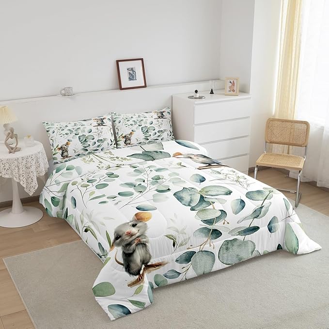 Erosebridal Kids Cute Animal Full Bedding Sets for Girls Boys Cartoon Mouse Comforter Set, Spring Eucalyptus Bedding Comforter Sets Watercolor Leaves Duvet Insert, Kawaii Animal Mice Down Comforter