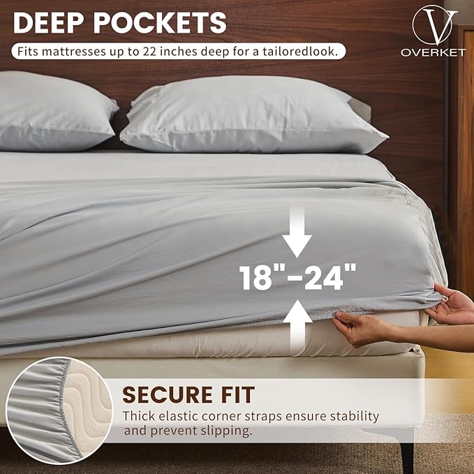 100% Linen Sheet Set Cal King Size Extra Deep Pocket Fits 18-24 Inch Mattress, Breathable & Soft, Smooth 4-Piece Set for Thick Mattresses Hotel Luxury Bedding（Cal King, Grey）