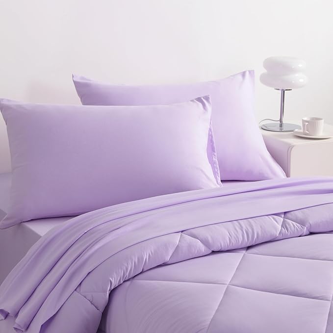 NTBAY Twin Comforter Set with Sheets, 5 Pieces Soft and Breathable Twin Bedding Set, Twin Bed in a Bag, Down Alternative Comforter Set Solid Color All Season, Kids Bedding Set, Light Purple