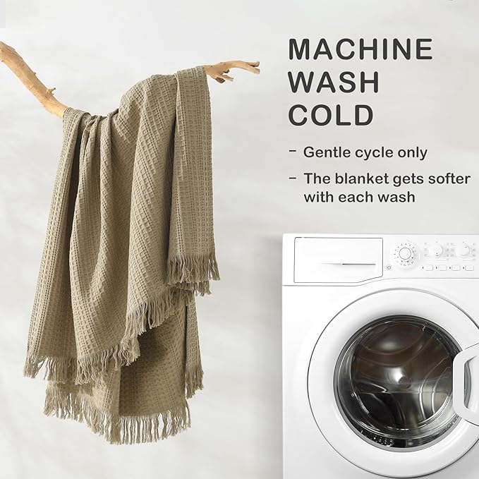 100% Cotton Waffle Blanket with Fringe, Pre-Washed Waffle Weave Blanket for All Season, Lightweight Breathable Soft Cozy Throw Blanket for Couch, Bed, Travel (Sage Green - 50x60 Inches)