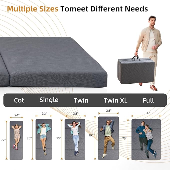 Foldable Memory Foam Mattress - 4 Inch Twin Waterproof Collapsible Mattress with Washable Cover, Portable Guest Bed Pad, Sleeping Mat for Travel RV Camping Yoga, Non-Slip Bottom,76"x38"x4"