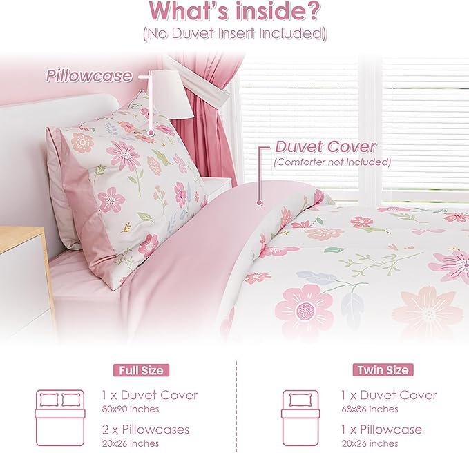 SANDJEST Floral Duvet Cover Sets Twin Size for Kids Girls, Include 1 Polyester Comforter Cover 68x86 Inches and 1 Pillowcase 20x26 Inches, Comforter Not Included, Gift for Christmas Birthday