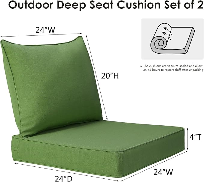 Outdoor Patio Chair Cushions Set, 24" x 24", Set of 2, Water-Repellent, Fade Resistant, Deep Seat Bottom and Back Cushion for Backyard, Couch, Sofa and Patio Furniture, Lawn Green