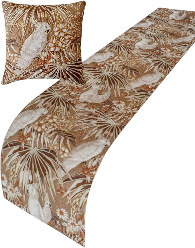 The HomeCentric Beige Bed Runner for King/Queen/Twin Cotton Decorative Bed Scarf 53"x18" Bed Runner Without Pillow Cover, Bird & Floral Bed Scarf Bedroom Décor Accent - Cockatoo Song